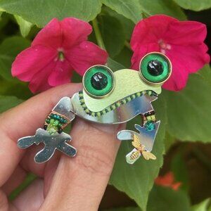 🏖️LIZTECH Retro Mirrored Glass Bead Frog BROOCH